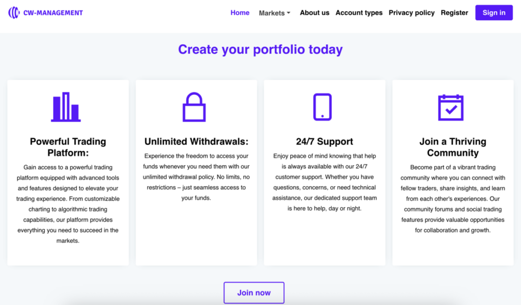 cw management home page screenshot